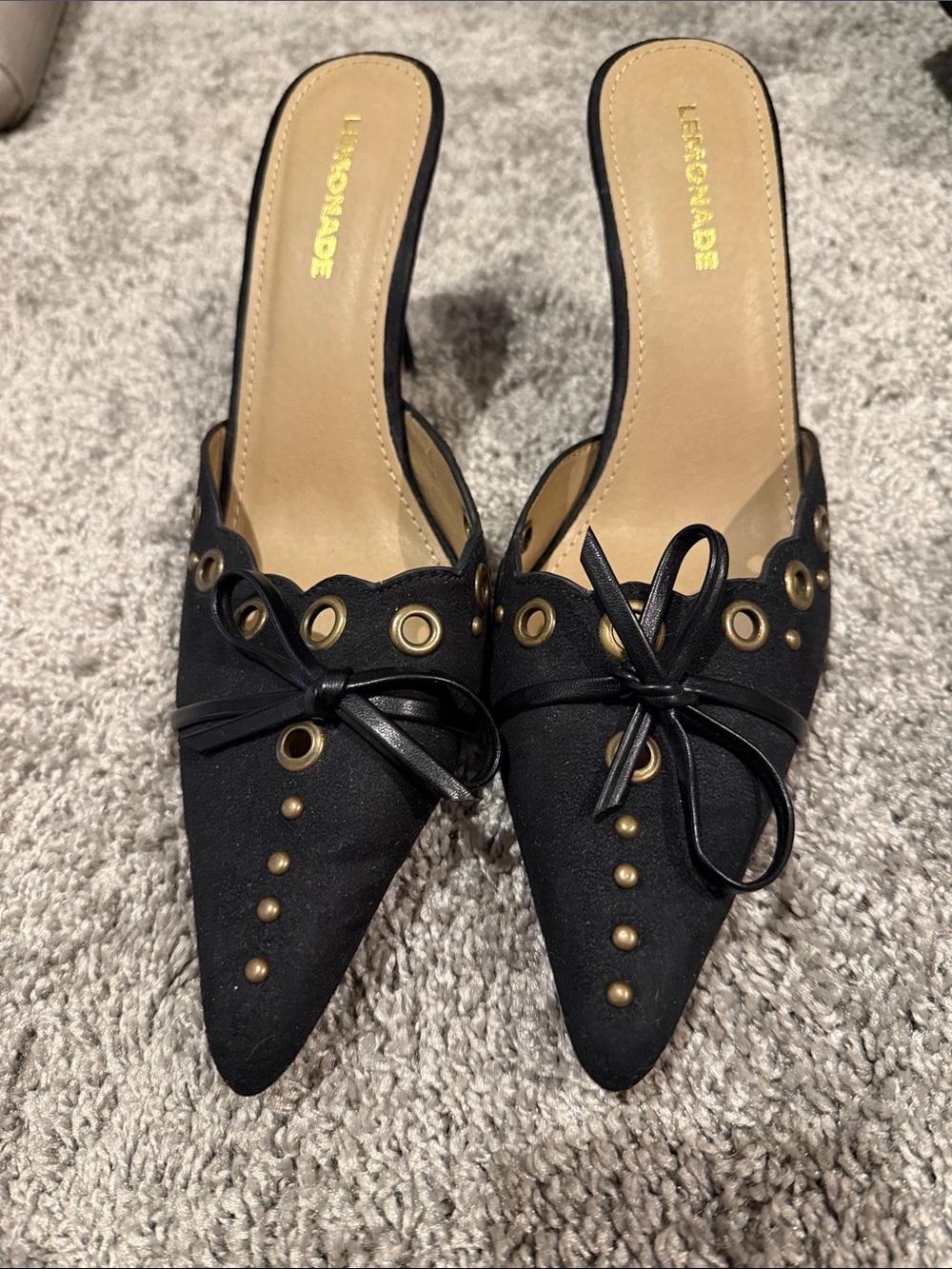 Lemon Black Pointed Mule with Gold Eyelet Accents